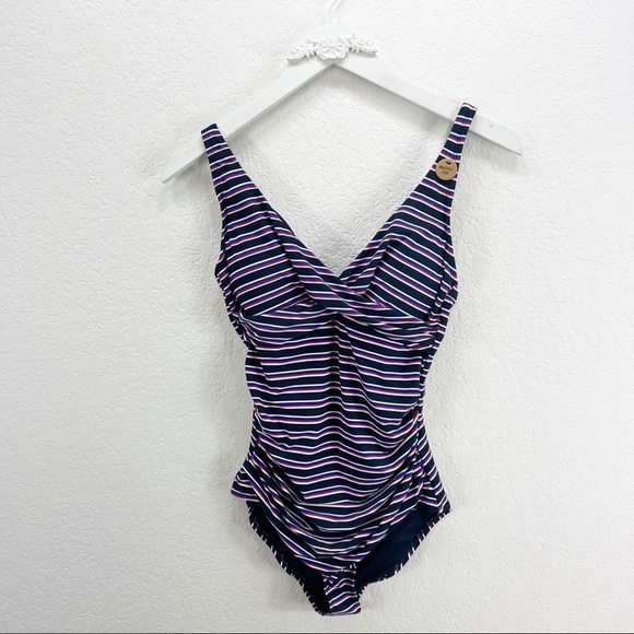 niptuck Other - Niptuck Sailor Stripe Navy Cross Front One Piece Swimsuit Size US 6 NWT
